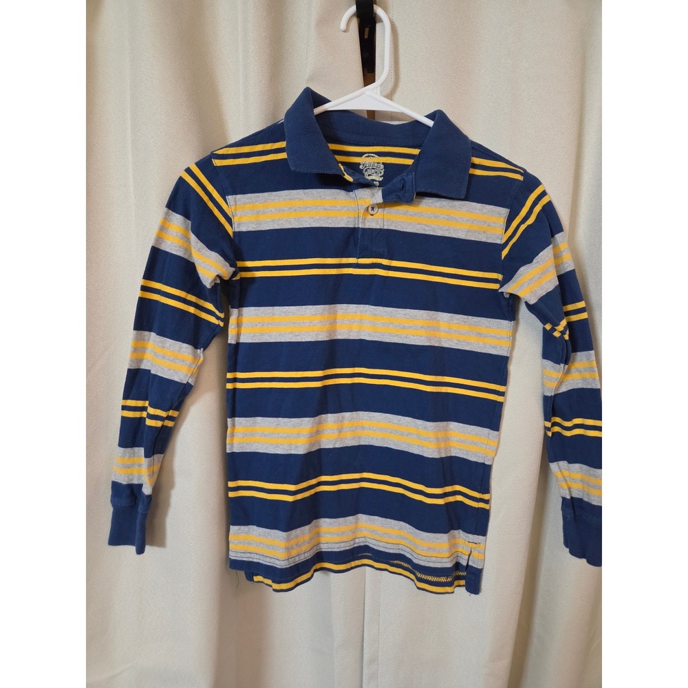 Faded Glory Boys Long Sleeve Polo Shirt Striped Blue Yellow Grey Size M 8